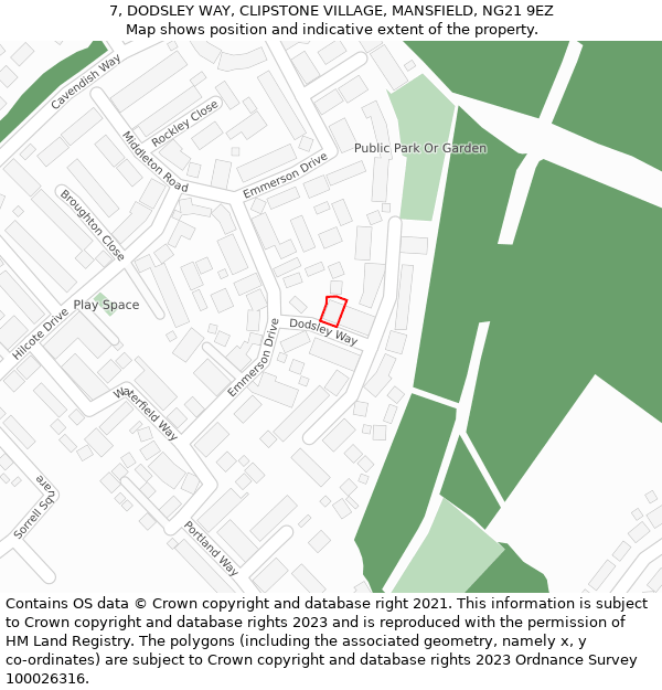 7, DODSLEY WAY, CLIPSTONE VILLAGE, MANSFIELD, NG21 9EZ: Location map and indicative extent of plot