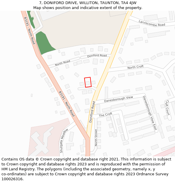 7, DONIFORD DRIVE, WILLITON, TAUNTON, TA4 4JW: Location map and indicative extent of plot