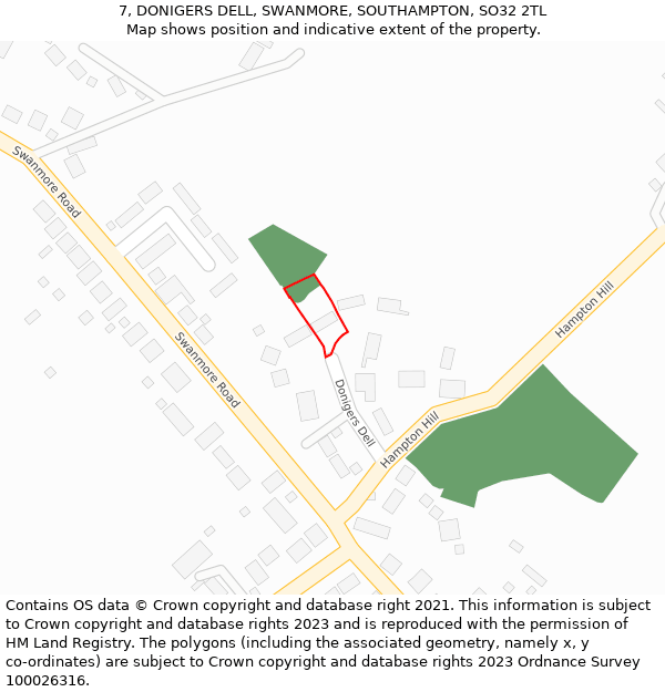 7, DONIGERS DELL, SWANMORE, SOUTHAMPTON, SO32 2TL: Location map and indicative extent of plot