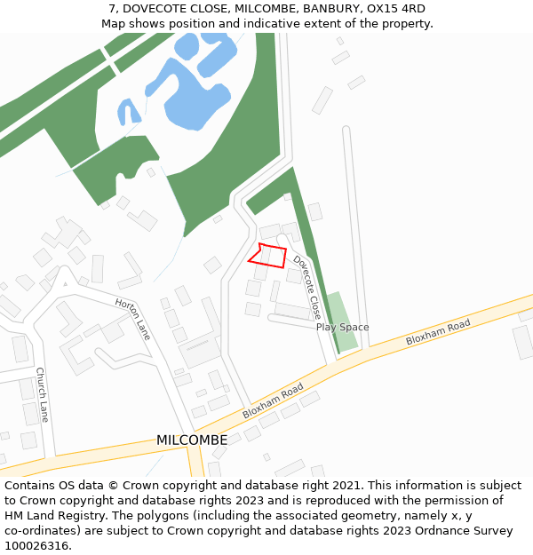 7, DOVECOTE CLOSE, MILCOMBE, BANBURY, OX15 4RD: Location map and indicative extent of plot