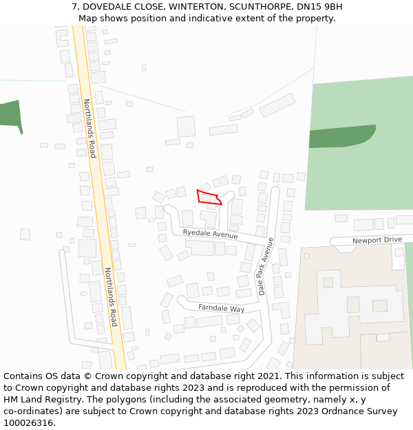 7, DOVEDALE CLOSE, WINTERTON, SCUNTHORPE, DN15 9BH: Location map and indicative extent of plot