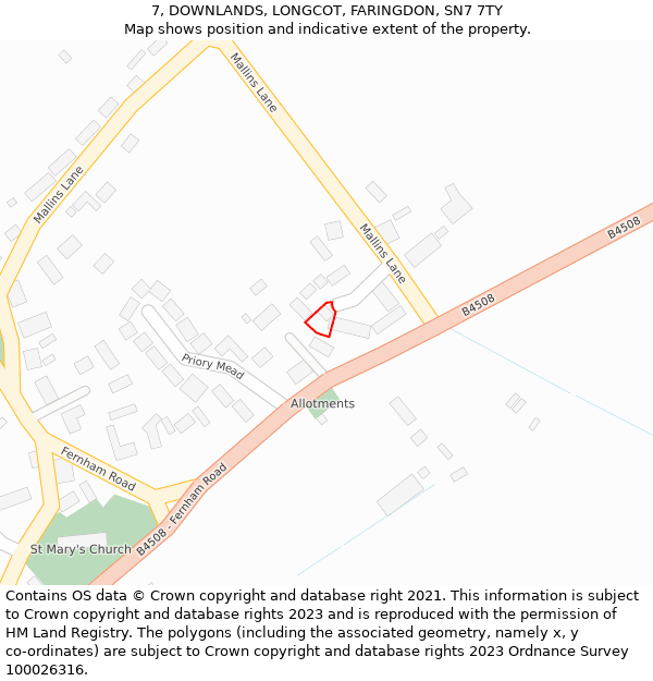 7, DOWNLANDS, LONGCOT, FARINGDON, SN7 7TY: Location map and indicative extent of plot