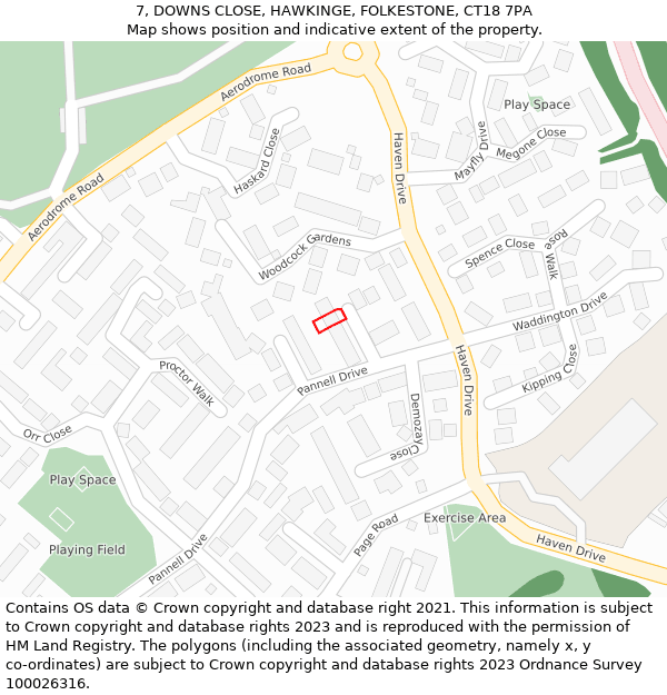 7, DOWNS CLOSE, HAWKINGE, FOLKESTONE, CT18 7PA: Location map and indicative extent of plot