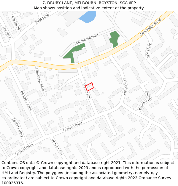 7, DRURY LANE, MELBOURN, ROYSTON, SG8 6EP: Location map and indicative extent of plot