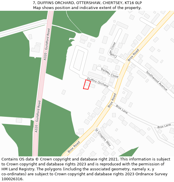 7, DUFFINS ORCHARD, OTTERSHAW, CHERTSEY, KT16 0LP: Location map and indicative extent of plot
