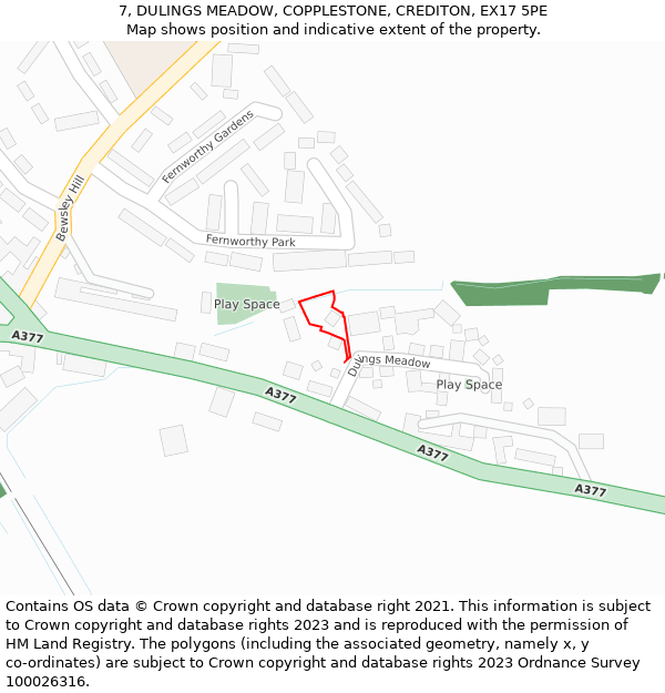 7, DULINGS MEADOW, COPPLESTONE, CREDITON, EX17 5PE: Location map and indicative extent of plot