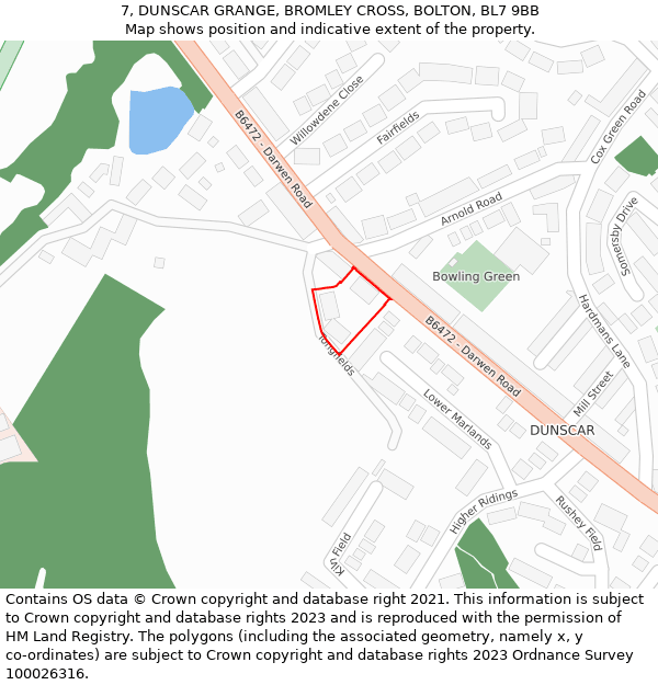 7, DUNSCAR GRANGE, BROMLEY CROSS, BOLTON, BL7 9BB: Location map and indicative extent of plot