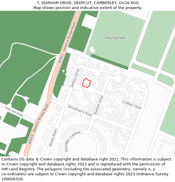 7, DURHAM DRIVE, DEEPCUT, CAMBERLEY, GU16 6GG: Location map and indicative extent of plot