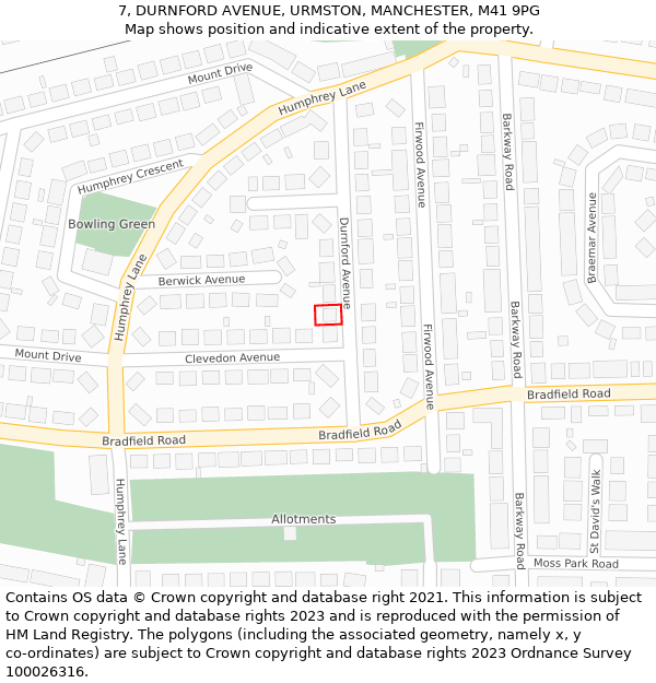 7, DURNFORD AVENUE, URMSTON, MANCHESTER, M41 9PG: Location map and indicative extent of plot