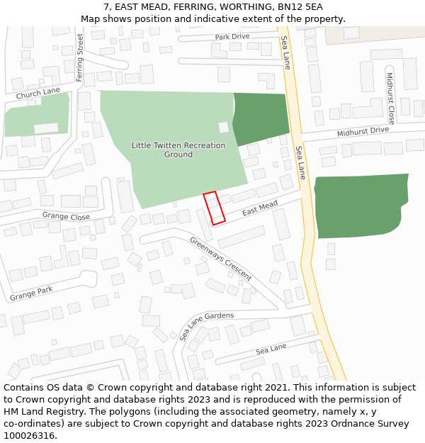 7, EAST MEAD, FERRING, WORTHING, BN12 5EA: Location map and indicative extent of plot
