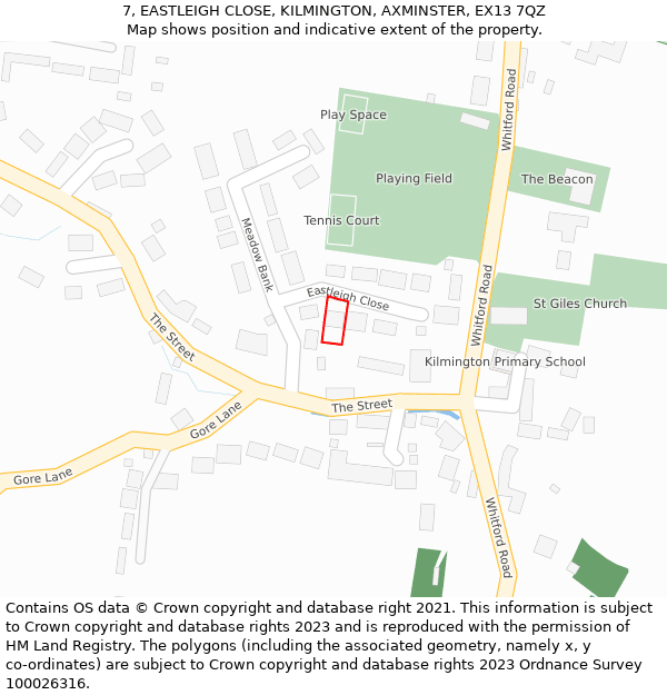 7, EASTLEIGH CLOSE, KILMINGTON, AXMINSTER, EX13 7QZ: Location map and indicative extent of plot