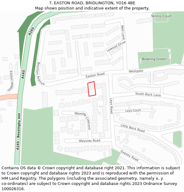 7, EASTON ROAD, BRIDLINGTON, YO16 4BE: Location map and indicative extent of plot
