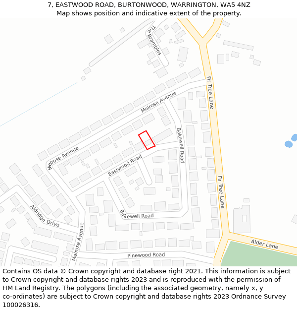 7, EASTWOOD ROAD, BURTONWOOD, WARRINGTON, WA5 4NZ: Location map and indicative extent of plot