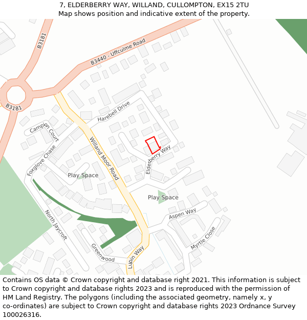 7, ELDERBERRY WAY, WILLAND, CULLOMPTON, EX15 2TU: Location map and indicative extent of plot