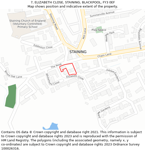 7, ELIZABETH CLOSE, STAINING, BLACKPOOL, FY3 0EF: Location map and indicative extent of plot