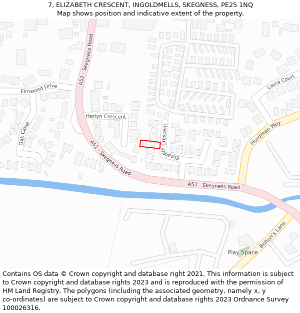 7, ELIZABETH CRESCENT, INGOLDMELLS, SKEGNESS, PE25 1NQ: Location map and indicative extent of plot