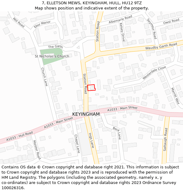 7, ELLETSON MEWS, KEYINGHAM, HULL, HU12 9TZ: Location map and indicative extent of plot