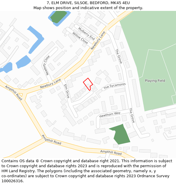 7, ELM DRIVE, SILSOE, BEDFORD, MK45 4EU: Location map and indicative extent of plot