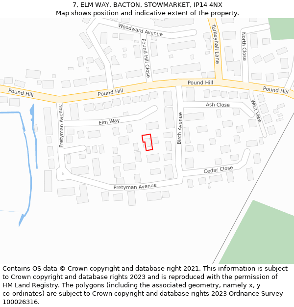 7, ELM WAY, BACTON, STOWMARKET, IP14 4NX: Location map and indicative extent of plot