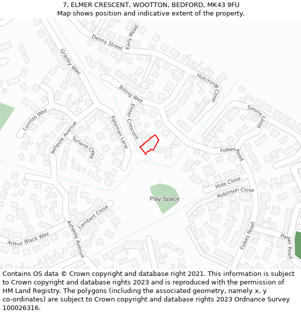 7, ELMER CRESCENT, WOOTTON, BEDFORD, MK43 9FU: Location map and indicative extent of plot
