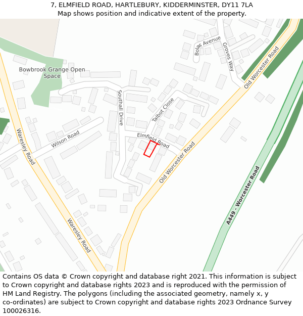 7, ELMFIELD ROAD, HARTLEBURY, KIDDERMINSTER, DY11 7LA: Location map and indicative extent of plot