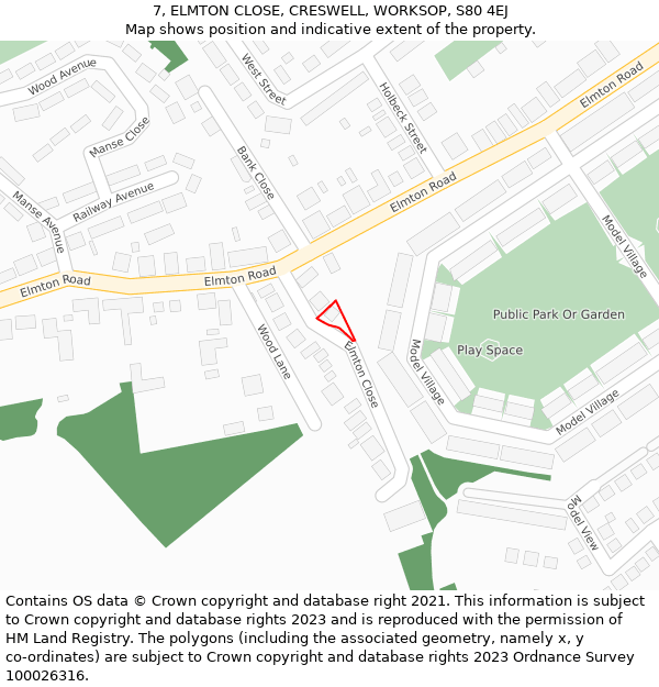 7, ELMTON CLOSE, CRESWELL, WORKSOP, S80 4EJ: Location map and indicative extent of plot