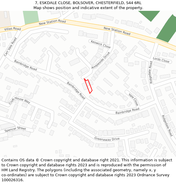 7, ESKDALE CLOSE, BOLSOVER, CHESTERFIELD, S44 6RL: Location map and indicative extent of plot