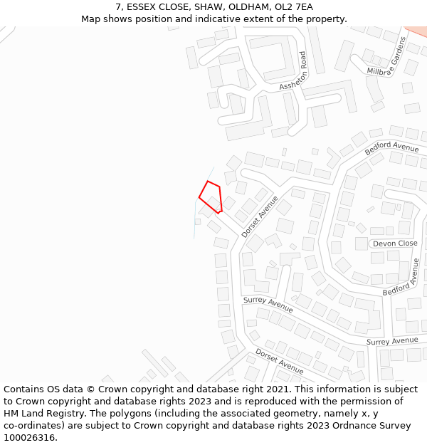 7, ESSEX CLOSE, SHAW, OLDHAM, OL2 7EA: Location map and indicative extent of plot