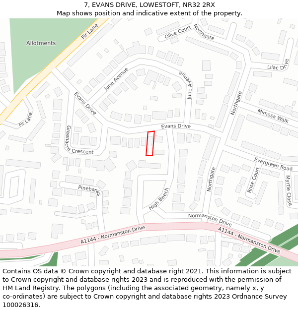 7, EVANS DRIVE, LOWESTOFT, NR32 2RX: Location map and indicative extent of plot