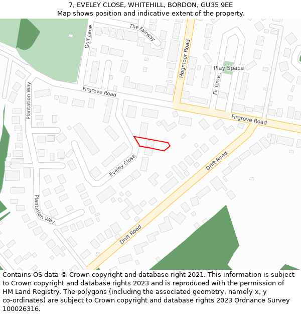 7, EVELEY CLOSE, WHITEHILL, BORDON, GU35 9EE: Location map and indicative extent of plot