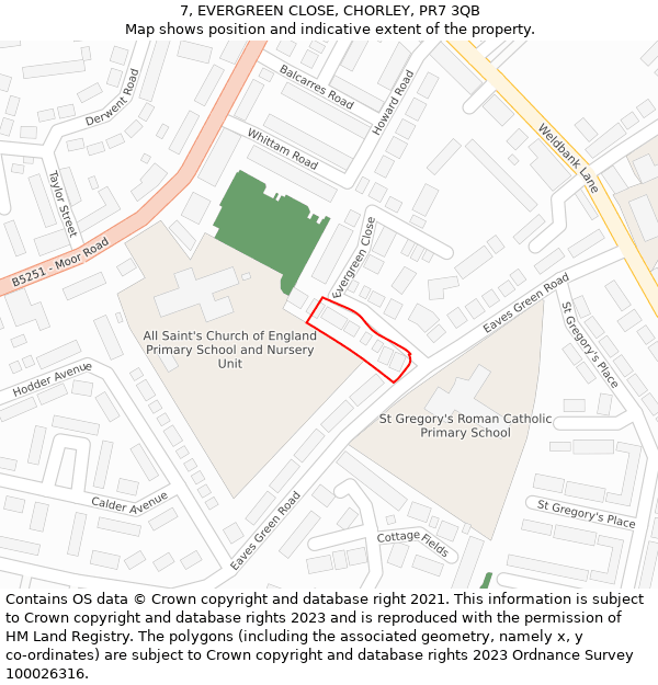 7, EVERGREEN CLOSE, CHORLEY, PR7 3QB: Location map and indicative extent of plot