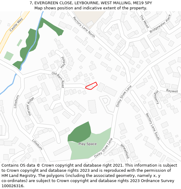 7, EVERGREEN CLOSE, LEYBOURNE, WEST MALLING, ME19 5PY: Location map and indicative extent of plot