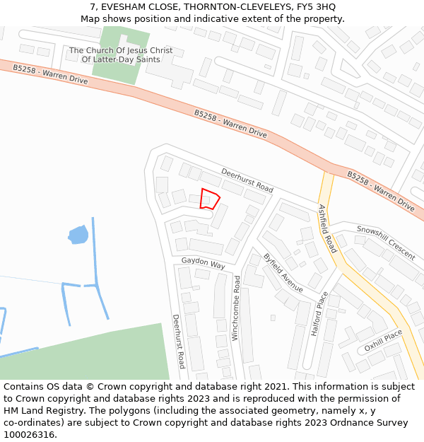 7, EVESHAM CLOSE, THORNTON-CLEVELEYS, FY5 3HQ: Location map and indicative extent of plot