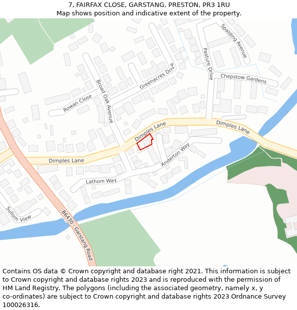 7, FAIRFAX CLOSE, GARSTANG, PRESTON, PR3 1RU: Location map and indicative extent of plot