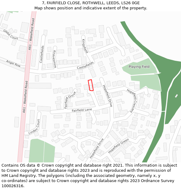 7, FAIRFIELD CLOSE, ROTHWELL, LEEDS, LS26 0GE: Location map and indicative extent of plot