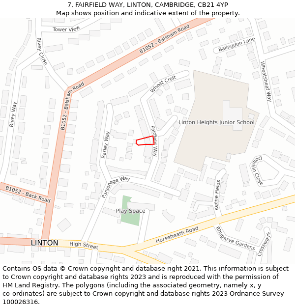 7, FAIRFIELD WAY, LINTON, CAMBRIDGE, CB21 4YP: Location map and indicative extent of plot