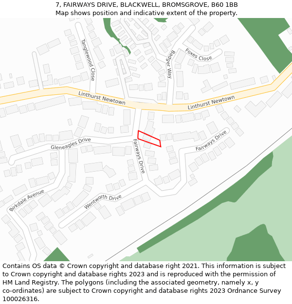 7, FAIRWAYS DRIVE, BLACKWELL, BROMSGROVE, B60 1BB: Location map and indicative extent of plot