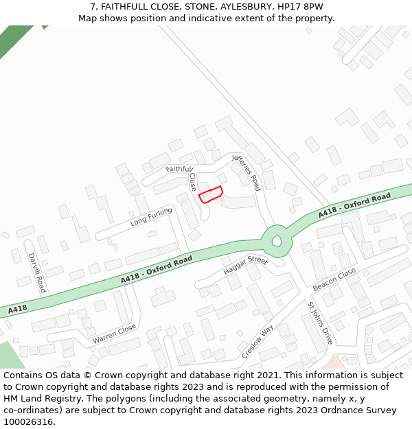 7, FAITHFULL CLOSE, STONE, AYLESBURY, HP17 8PW: Location map and indicative extent of plot