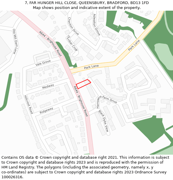 7, FAR HUNGER HILL CLOSE, QUEENSBURY, BRADFORD, BD13 1FD: Location map and indicative extent of plot