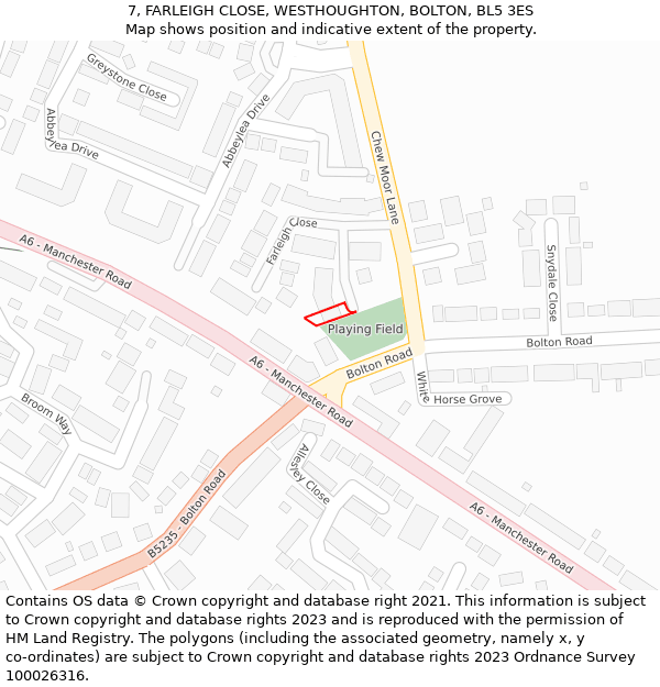 7, FARLEIGH CLOSE, WESTHOUGHTON, BOLTON, BL5 3ES: Location map and indicative extent of plot