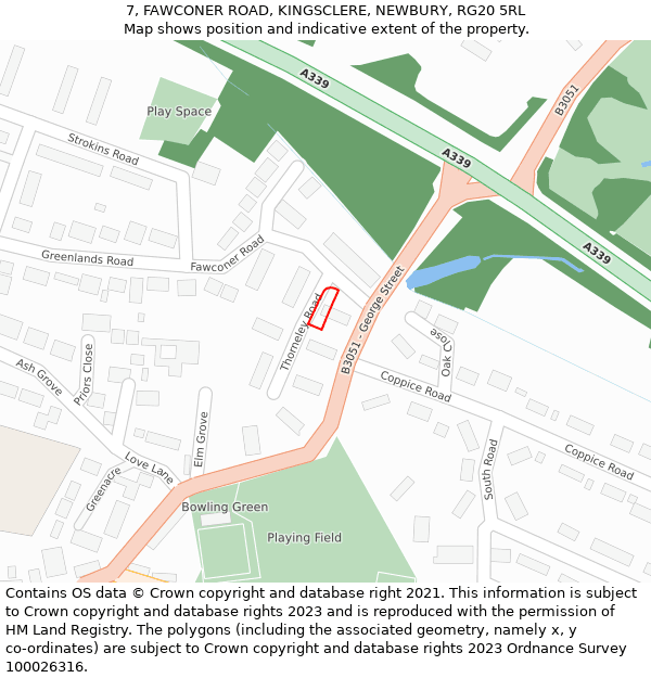 7, FAWCONER ROAD, KINGSCLERE, NEWBURY, RG20 5RL: Location map and indicative extent of plot