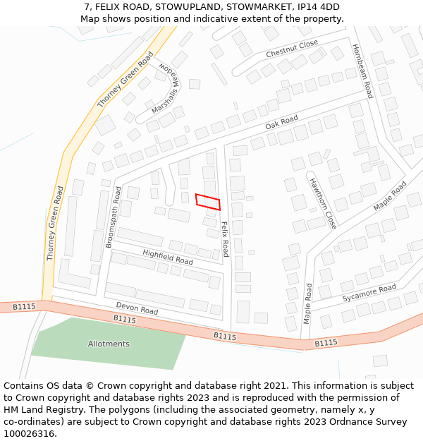 7, FELIX ROAD, STOWUPLAND, STOWMARKET, IP14 4DD: Location map and indicative extent of plot