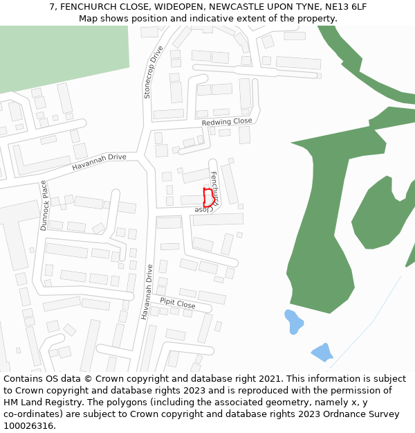 7, FENCHURCH CLOSE, WIDEOPEN, NEWCASTLE UPON TYNE, NE13 6LF: Location map and indicative extent of plot