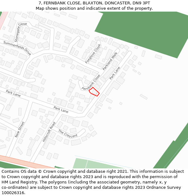 7, FERNBANK CLOSE, BLAXTON, DONCASTER, DN9 3PT: Location map and indicative extent of plot