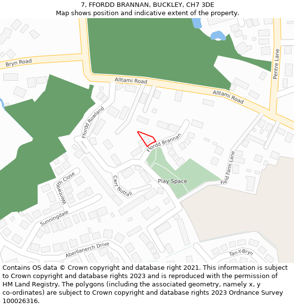 7, FFORDD BRANNAN, BUCKLEY, CH7 3DE: Location map and indicative extent of plot