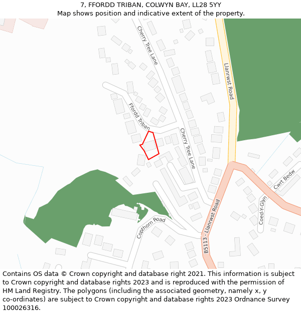 7, FFORDD TRIBAN, COLWYN BAY, LL28 5YY: Location map and indicative extent of plot