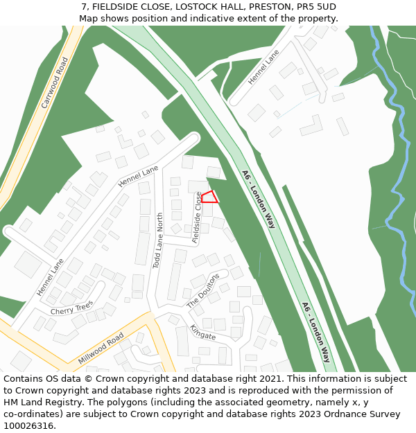 7, FIELDSIDE CLOSE, LOSTOCK HALL, PRESTON, PR5 5UD: Location map and indicative extent of plot