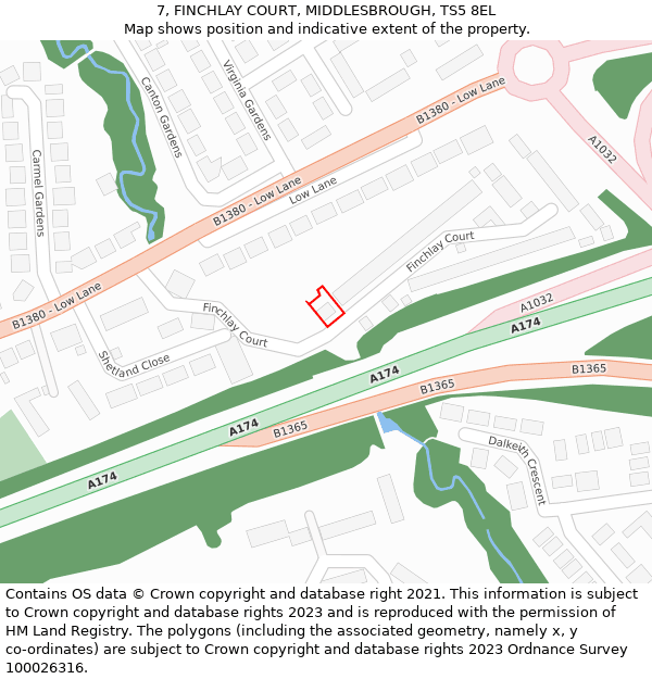 7, FINCHLAY COURT, MIDDLESBROUGH, TS5 8EL: Location map and indicative extent of plot