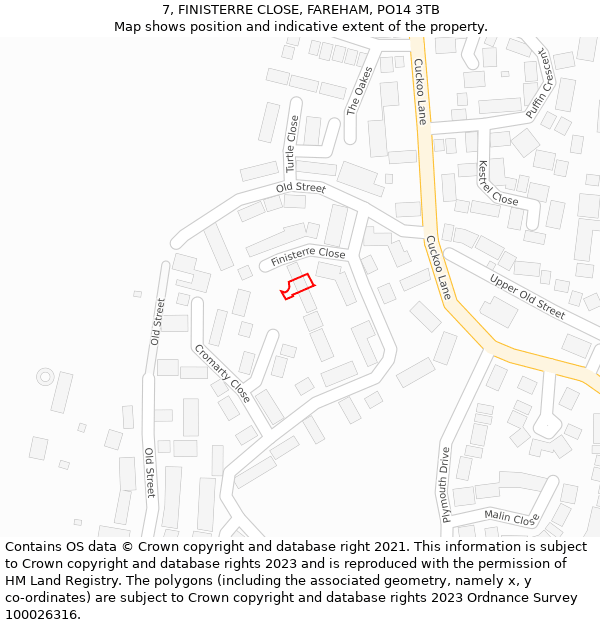 7, FINISTERRE CLOSE, FAREHAM, PO14 3TB: Location map and indicative extent of plot