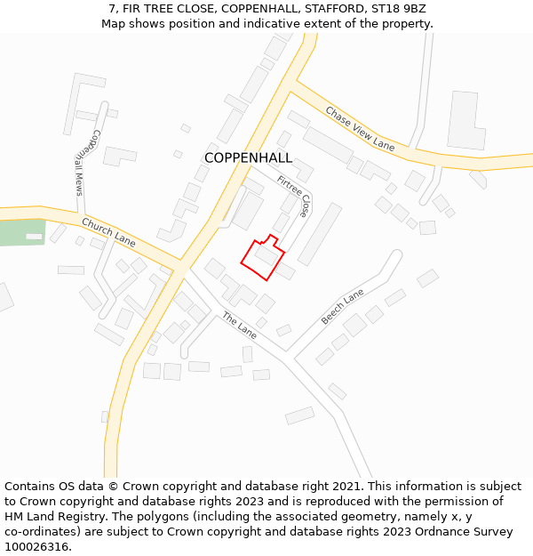 7, FIR TREE CLOSE, COPPENHALL, STAFFORD, ST18 9BZ: Location map and indicative extent of plot